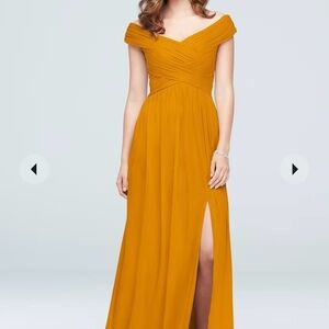 David’s Bridal Crisscross Off-the-Shoulder Mesh Dress in Marigold